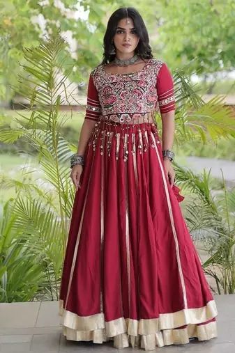 Reyon Gamthi Mirror Work Lehenga Choli Gota Patti Lace Double Ghera 5M Flair Gujarati Navratri Garba Wear