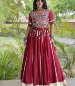 Reyon Gamthi Mirror Work Lehenga Choli Gota Patti Lace Double Ghera 5M Flair Gujarati Navratri Garba Wear