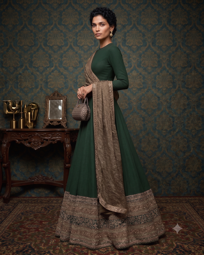 Bottle Green Designer Embroidered Border Lehenga Choli with Full Sleeve Blouse & Dupatta