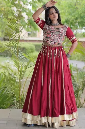 Reyon Gamthi Mirror Work Lehenga Choli Gota Patti Lace Double Ghera 5M Flair Gujarati Navratri Garba Wear
