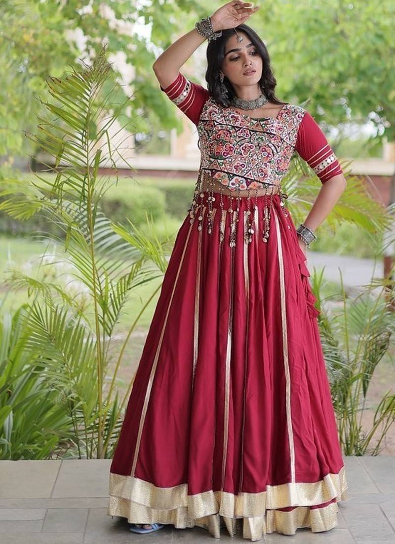 Reyon Gamthi Mirror Work Lehenga Choli Gota Patti Lace Double Ghera 5M Flair Gujarati Navratri Garba Wear
