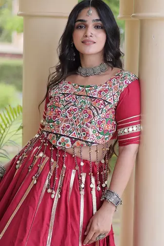 Reyon Gamthi Mirror Work Lehenga Choli Gota Patti Lace Double Ghera 5M Flair Gujarati Navratri Garba Wear