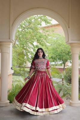Reyon Gamthi Mirror Work Lehenga Choli Gota Patti Lace Double Ghera 5M Flair Gujarati Navratri Garba Wear 5