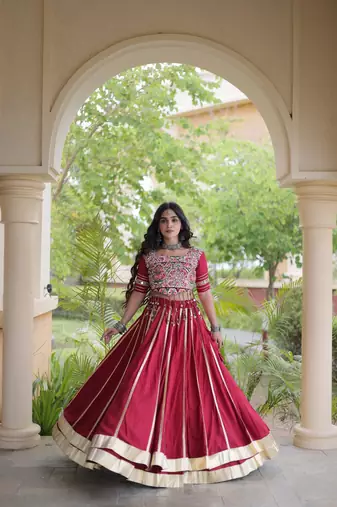 Reyon Gamthi Mirror Work Lehenga Choli Gota Patti Lace Double Ghera 5M Flair Gujarati Navratri Garba Wear