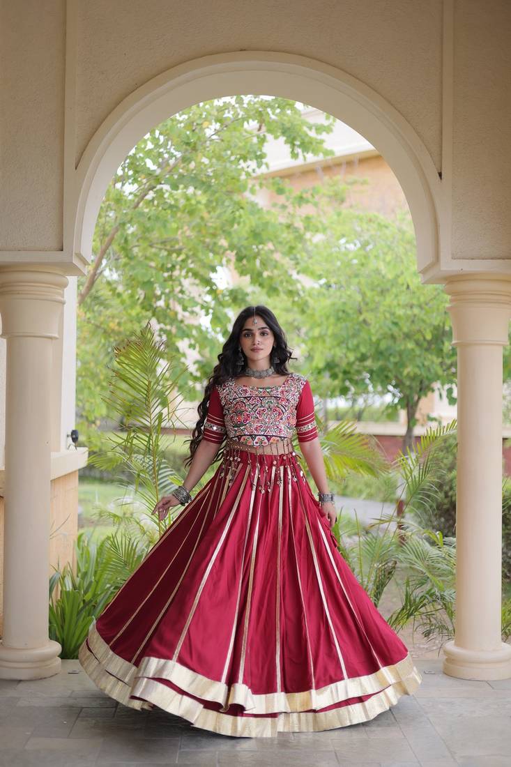 Reyon Gamthi Mirror Work Lehenga Choli Gota Patti Lace Double Ghera 5M Flair Gujarati Navratri Garba Wear
