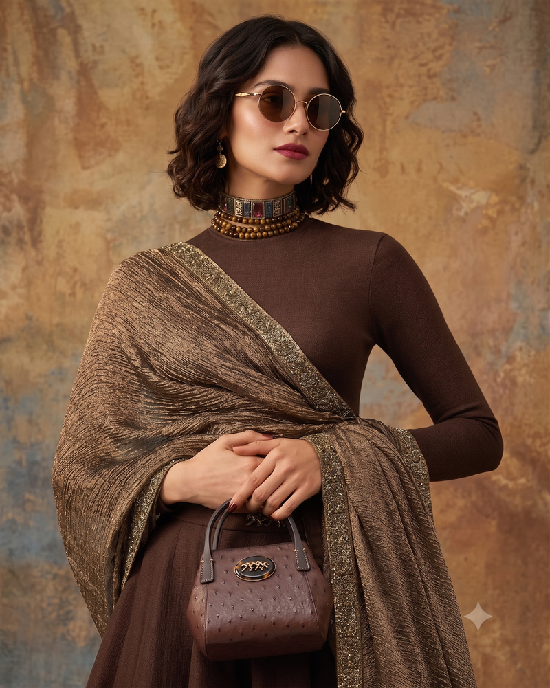 Deep Brownn Designer Embroidered Border Lehenga Choli with Full Sleeve Blouse & Dupatta