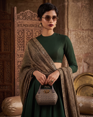 Bottle Green Designer Embroidered Border Lehenga Choli with Full Sleeve Blouse & Dupatta 3