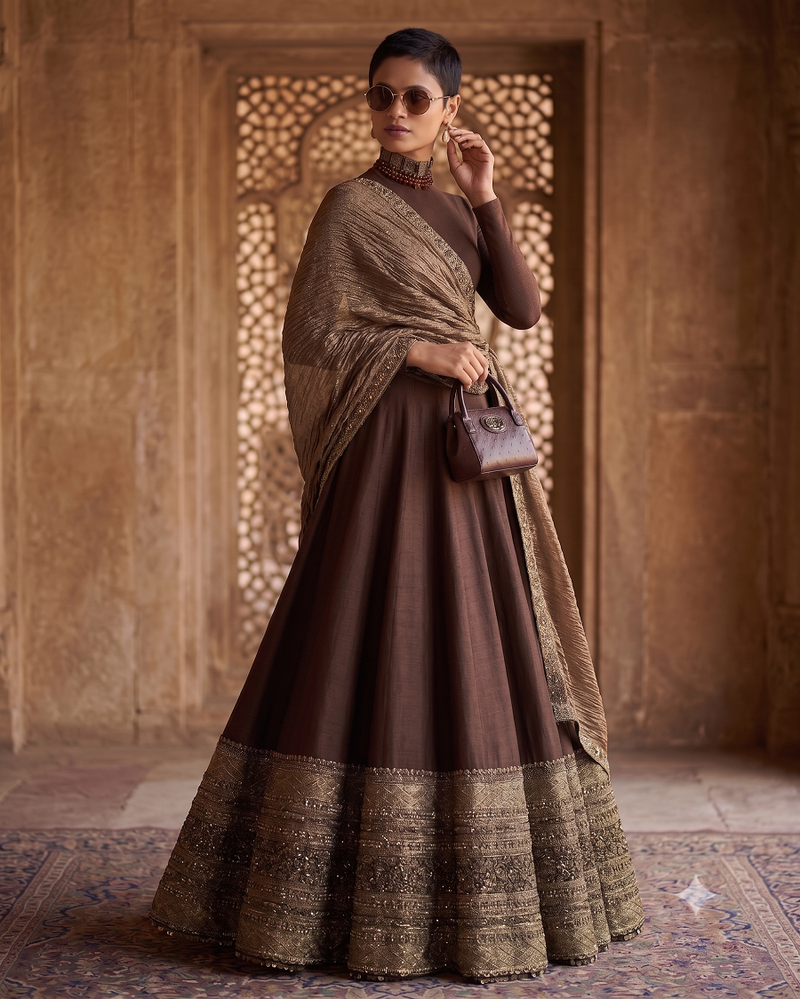 Deep Brownn Designer Embroidered Border Lehenga Choli with Full Sleeve Blouse & Dupatta
