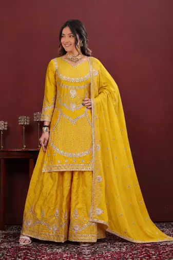 Yellow chinon silk sequence embriordered sharara suit