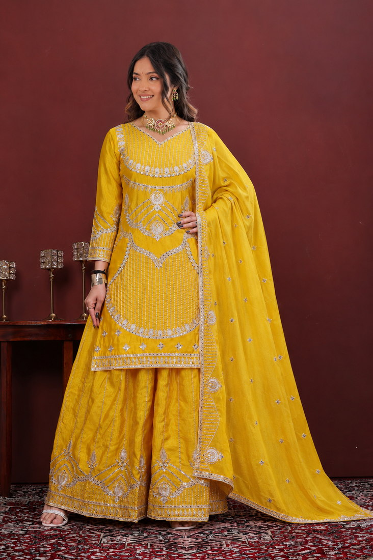 Yellow chinon silk sequence embriordered sharara suit