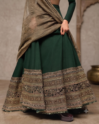 Bottle Green Designer Embroidered Border Lehenga Choli with Full Sleeve Blouse & Dupatta 4