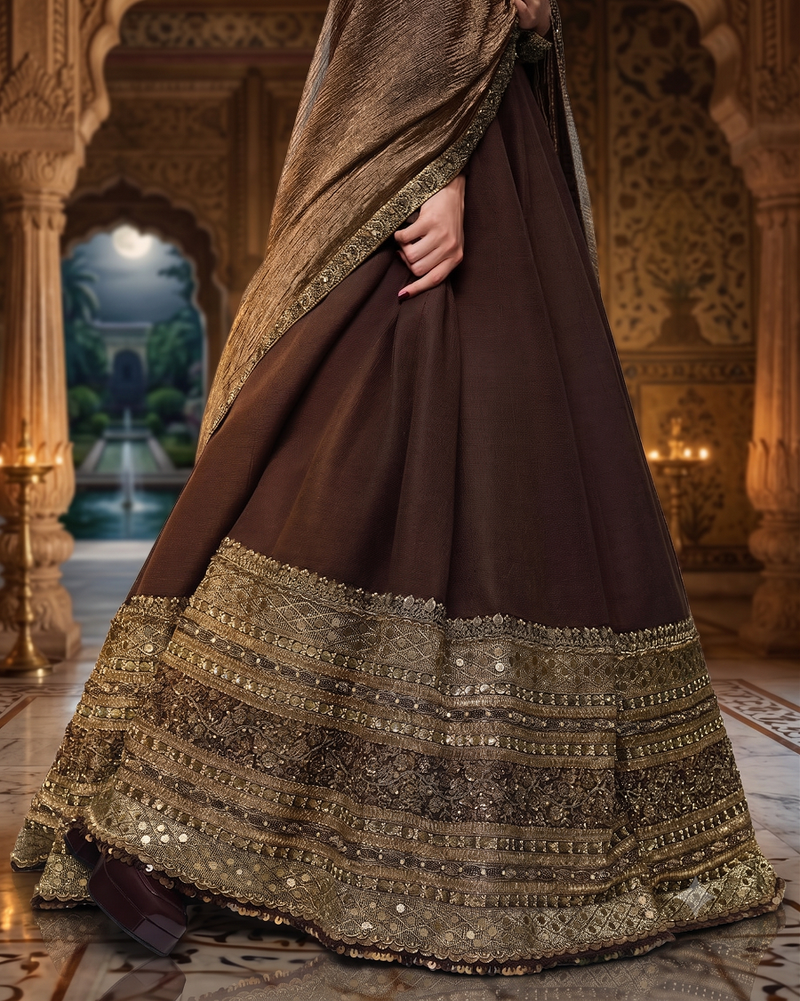 Deep Brownn Designer Embroidered Border Lehenga Choli with Full Sleeve Blouse & Dupatta