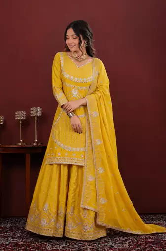 Yellow chinon silk sequence embriordered sharara suit