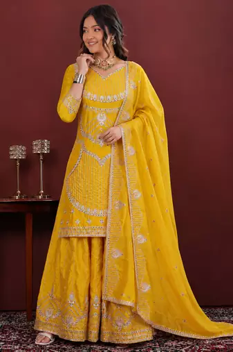Yellow chinon silk sequence embriordered sharara suit