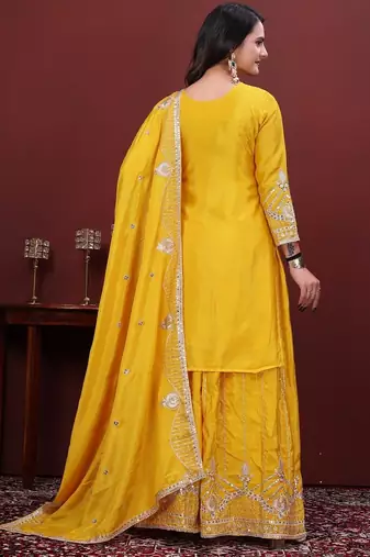 Yellow chinon silk sequence embriordered sharara suit