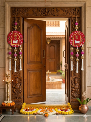 handmade shubh labh floral hanging with beads decorative tassels festive home hanging (pack of 2) 2