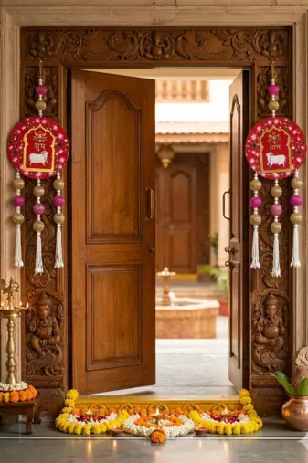 handmade shubh labh floral hanging with beads decorative tassels festive home hanging (pack of 2)