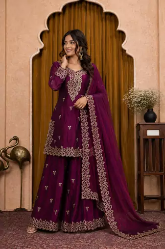 Deep purple fendy silk sequence embriordered sharara suit