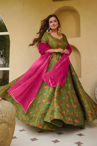 Pista green digital print silk blend gown