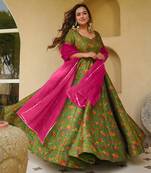 Pista green digital print silk blend gown