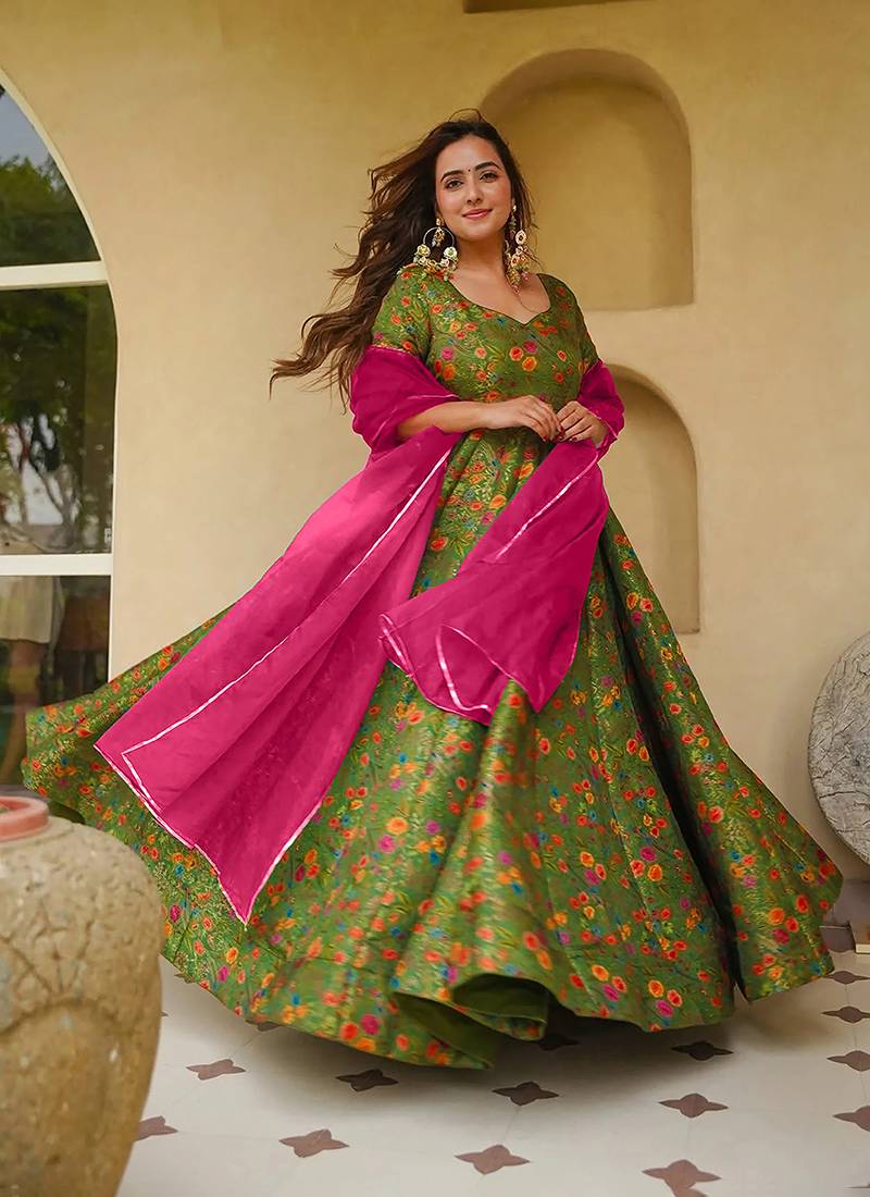 Pista green digital print silk blend gown
