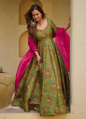 Pista green digital print silk blend gown 2