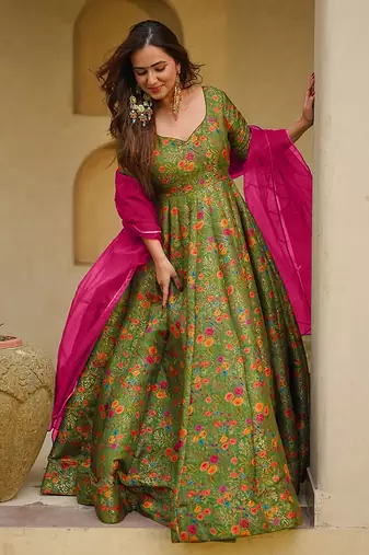 Pista green digital print silk blend gown