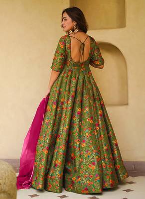 Pista green digital print silk blend gown 3