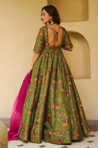 Pista green digital print silk blend gown