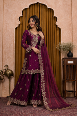 Deep purple fendy silk sequence embriordered sharara suit 2