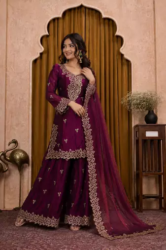Deep purple fendy silk sequence embriordered sharara suit