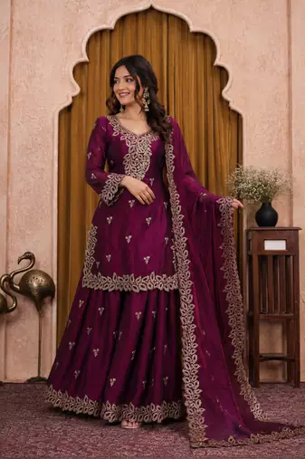 Deep purple fendy silk sequence embriordered sharara suit