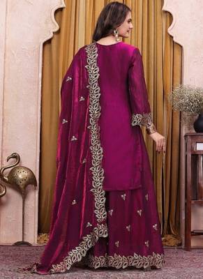 Deep purple fendy silk sequence embriordered sharara suit 4