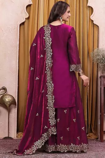 Deep purple fendy silk sequence embriordered sharara suit