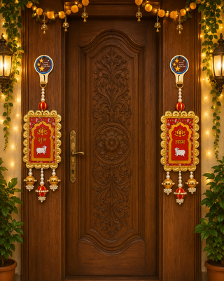 shubh labh cow golden border door hanging with pearl beads decorative home wall hanging (pack of 2) 2