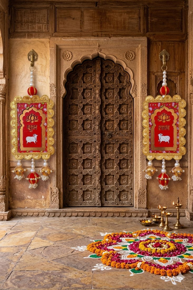 shubh labh cow golden border door hanging with pearl beads decorative home wall hanging (pack of 2)