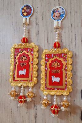 shubh labh cow golden border door hanging with pearl beads decorative home wall hanging (pack of 2) 4