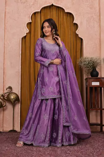 Lavender chinon silk sequence embriordered sharara suit