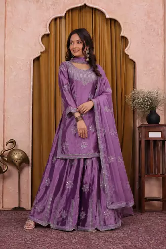 Lavender chinon silk sequence embriordered sharara suit