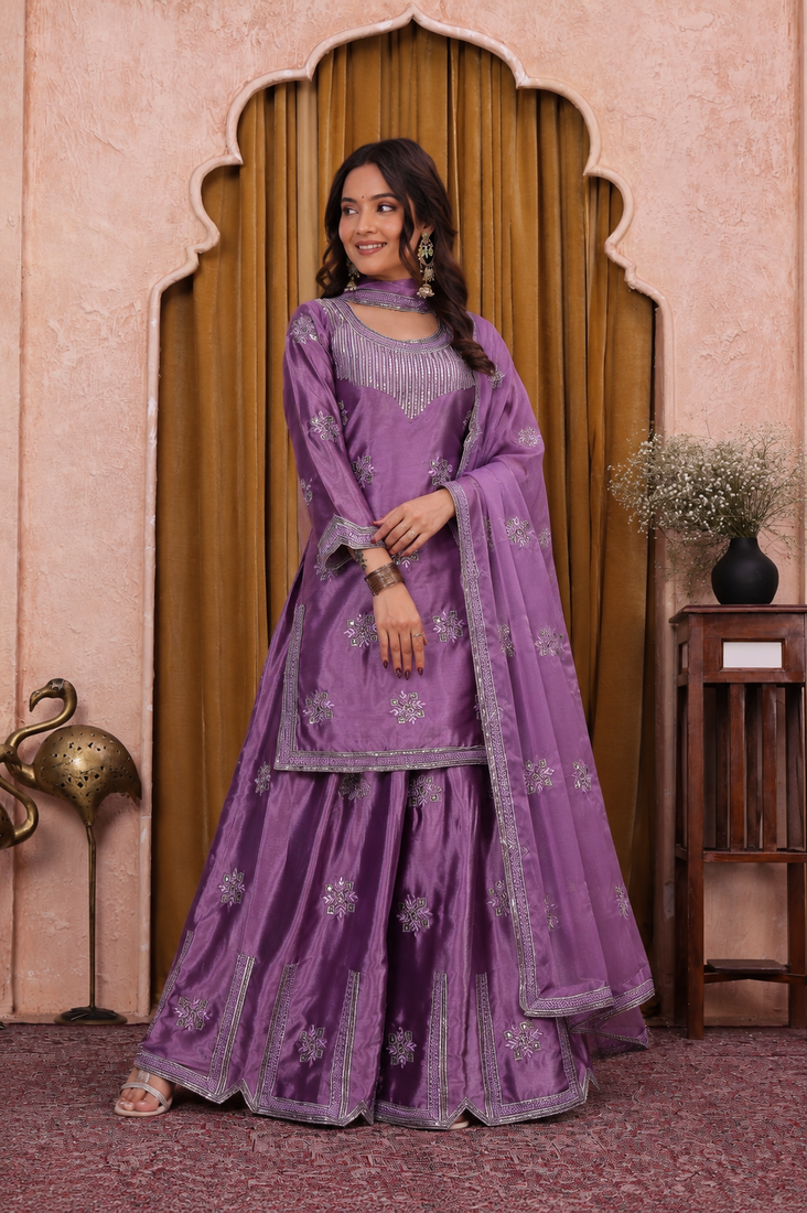 Lavender chinon silk sequence embriordered sharara suit