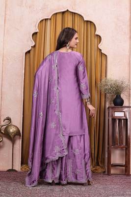 Lavender chinon silk sequence embriordered sharara suit 3