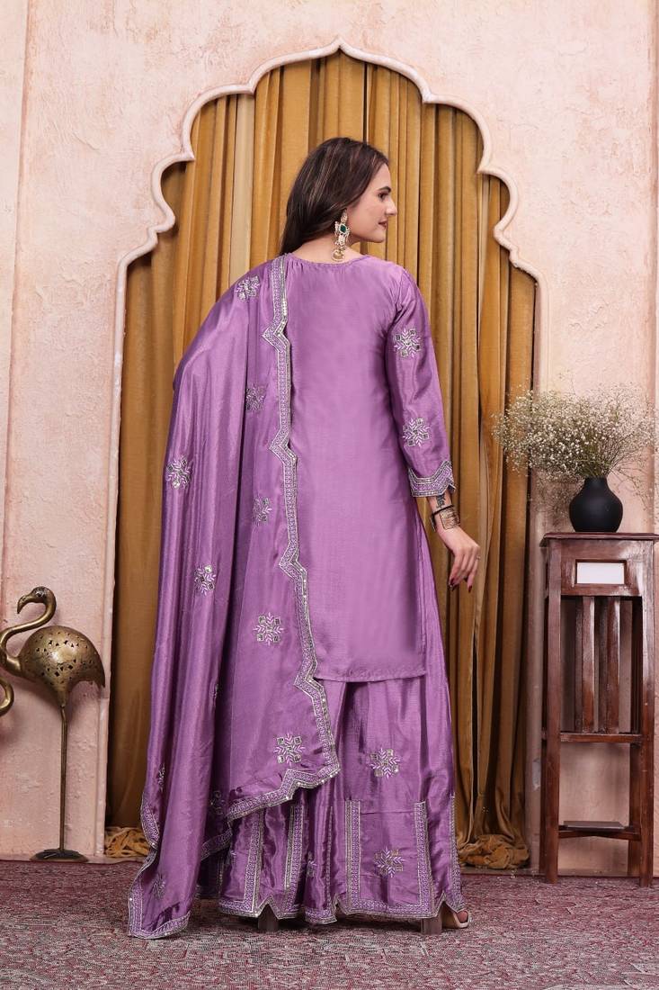Lavender chinon silk sequence embriordered sharara suit