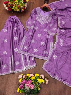 Lavender chinon silk sequence embriordered sharara suit 4