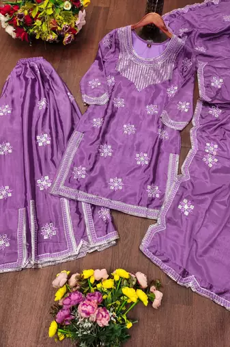 Lavender chinon silk sequence embriordered sharara suit