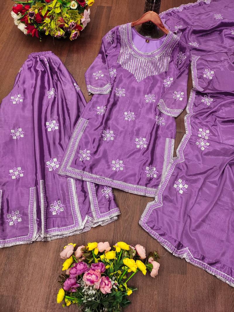 Lavender chinon silk sequence embriordered sharara suit