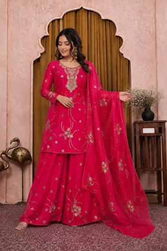 Pink fendy silk sequence embriordered sharara suit
