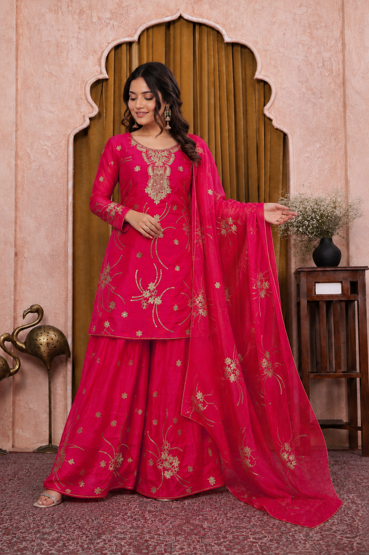 Pink fendy silk sequence embriordered sharara suit
