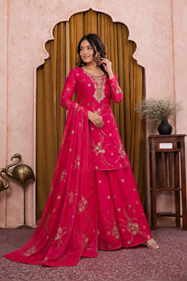 Pink fendy silk sequence embriordered sharara suit 3