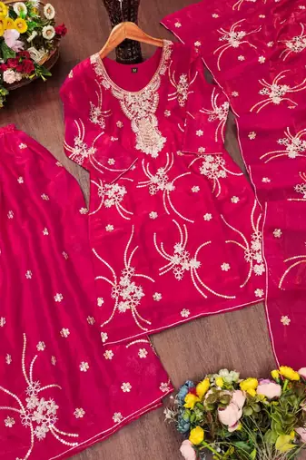 Pink fendy silk sequence embriordered sharara suit