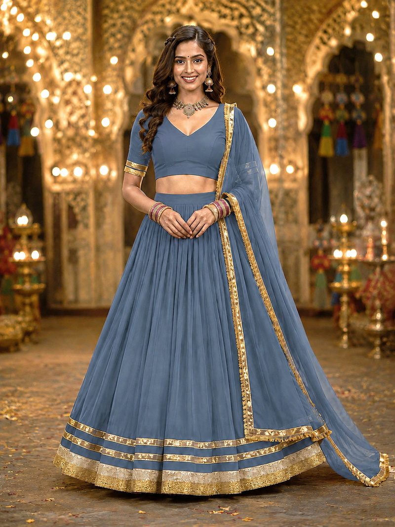 Womens Gray Georgette Lehenga Choli with Dupatta Navratri Garba and Dandiya Outfit Golden Lace Ethnic Festive Wear